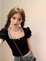 Bow Square Neck Lace Crop Top