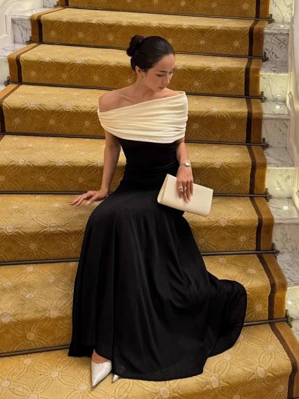 Women’s Color-Block Pleated Off-Shoulder Maxi Dress