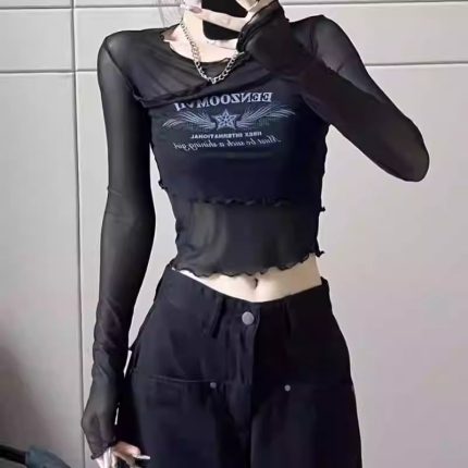 Women’s American Retro Irregular Long Sleeve T-Shirt – Slim Fit Autumn Layering Top