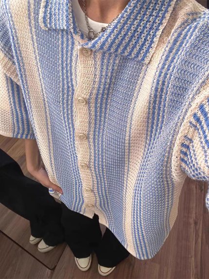 Color Block Hollow Knit Short Sleeve Cardigan