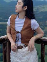 Brown Suede Layered Tie V-Neck Crop Vest - Image 5