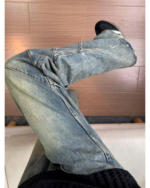 Retro Blue Pleated Cargo Flare Jeans - Image 4
