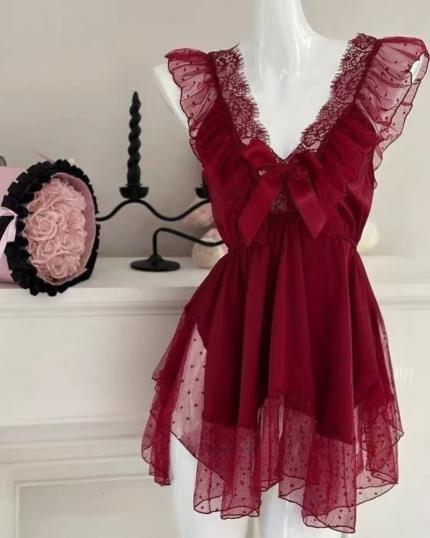 Plus Size Lace Bow Ice Silk Nightdress