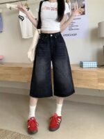 Women’s Black Vintage High-Waist Washed Denim Culotte Shorts – Loose Wide-Leg Fit - Image 2