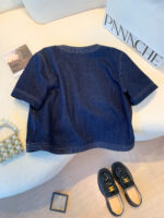 Women’s Vintage Chic Denim Short Sleeve Jacket – Round Neck Cropped Top - Image 2