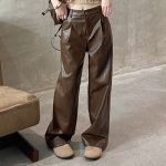 Loose Fit High Waist PU Leather Pants for Women | Vintage Straight-Leg Casual Trousers - Image 7