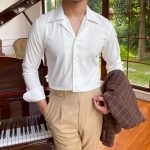 Mr. Deer Men's Wrinkle-Resistant Cuban Collar Shirt - Houndstooth and Jacquard Check Pattern - British Casual Fashion Shirt