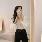 Chic Lace French Ruffle Puff Sleeve Long Sleeve Shirt for Women, V-neck - Image 7
