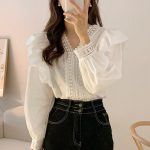 Chic Lace French Ruffle Puff Sleeve Long Sleeve Shirt for Women, V-neck - Image 4