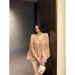 French Sequin V-Neck Chiffon Blouse – Elegant Loose Long Sleeve Statement Shirt for Women - Image 14