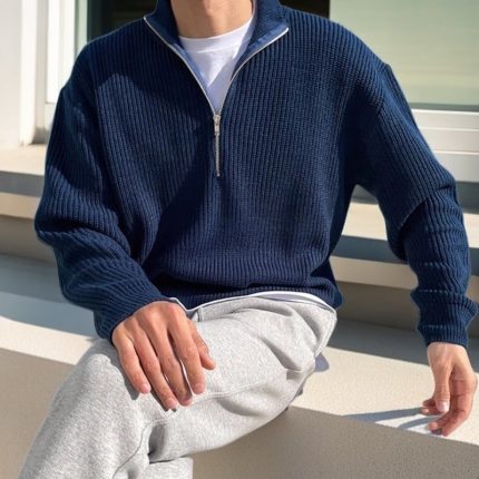 Men’s Stand Collar Half-Zip Knit Sweater – American Street Style