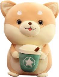 Shiba Inu Plush Toy with Boba Tea and Coffee Cup  - Ultra-Soft Stuffed Dog Soft Toy