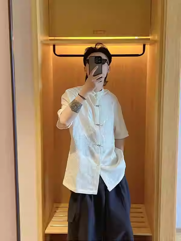 Style Embroidered Frog Button Short Sleeve Shirt - Image 3