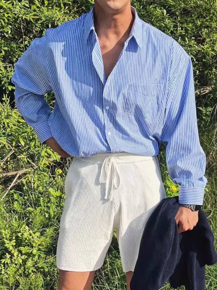 Men’s Vintage Striped Work Shirt – Loose Fit American Style Long Sleeve Pocket Shirt