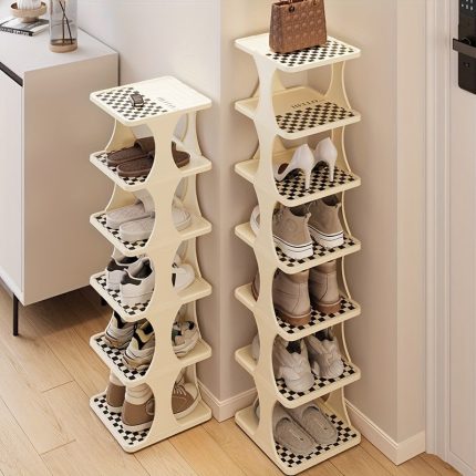 Vertical Plastic Shoe Rack Organizer, Slim Floor Mount Tower Shelf for Entryway and Bedroom, Space-Saving Bracket Shelf for Various Room Types