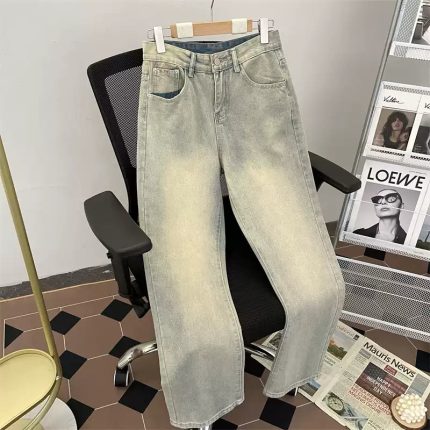 Men's Yellow Mud Washed Straight-Leg Jeans – Vibe Streetwear Loose Fit Distressed Denim