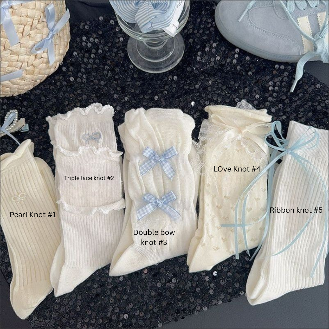 we2 White Lace Bow Mid-Calf Socks – Sweet Fairy Style Long Socks for Women - Image 1